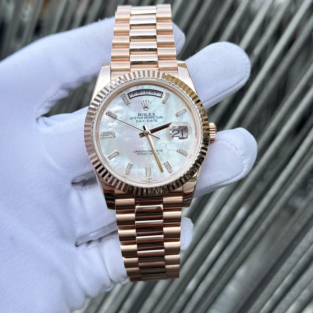 Superclone Rolex Day-Date White Mother-of-Pearl Diamond Dial 128235-0078 36 mm Bezel & Crystal