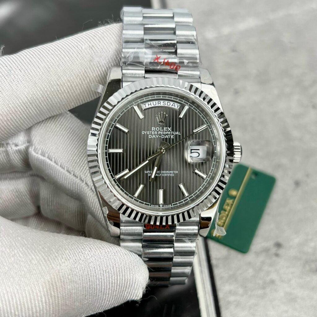 Superclone Rolex Day-Date Grey Stick Tapestry Dial 228239-0002 40 mm Bezel & Crystal