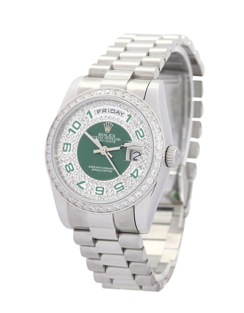 Replica Rolex Day-Date Green and Silver with Diamonds Dial 118346 36 mm Bezel & Crystal