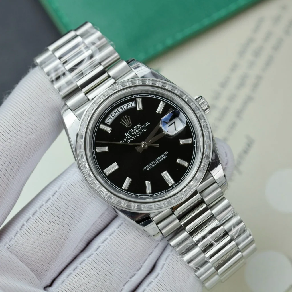Superclone Rolex Day-Date Bright Black Diamond Dial 228396tbr-0012 40 mm Bezel & Crystal