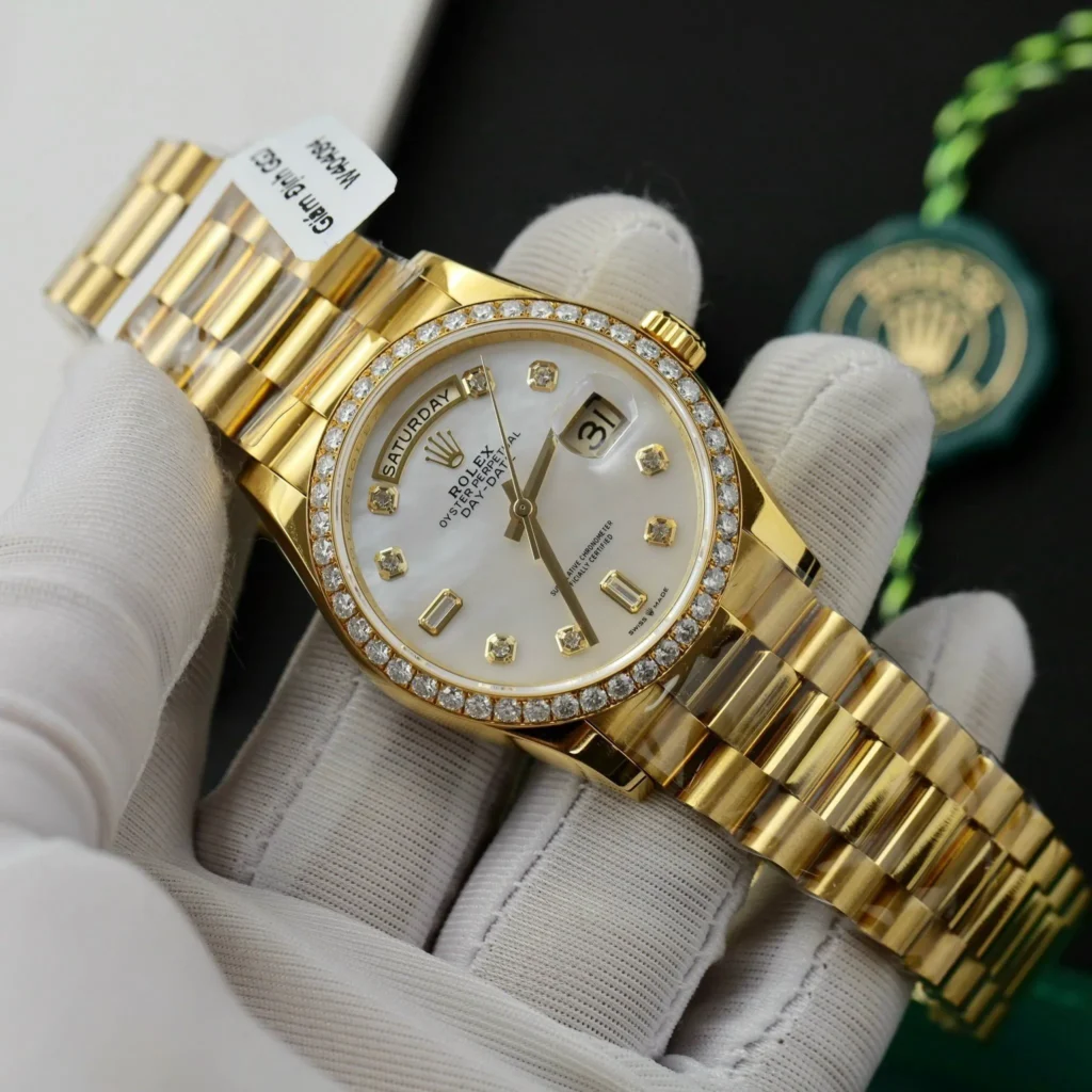 Superclone Rolex Day-Date White Mother-of-Pearl Diamond Dial 128238-0011 36 mm Bezel & Crystal