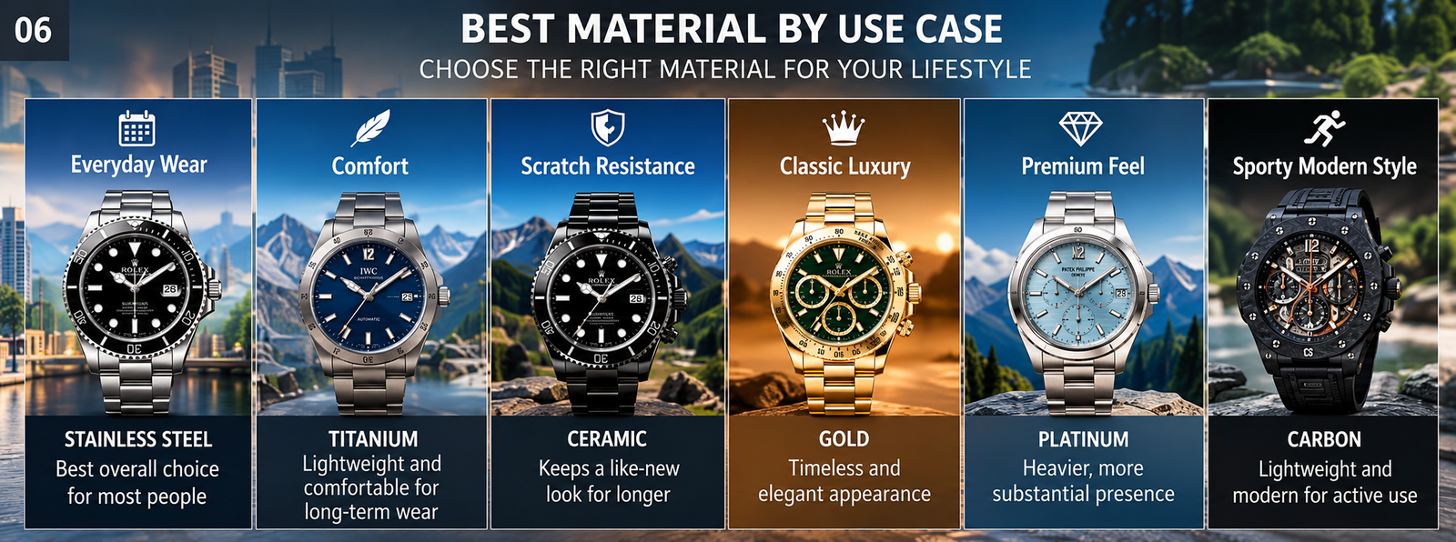 Best watch material by use case steel titanium ceramic gold platinum carbon