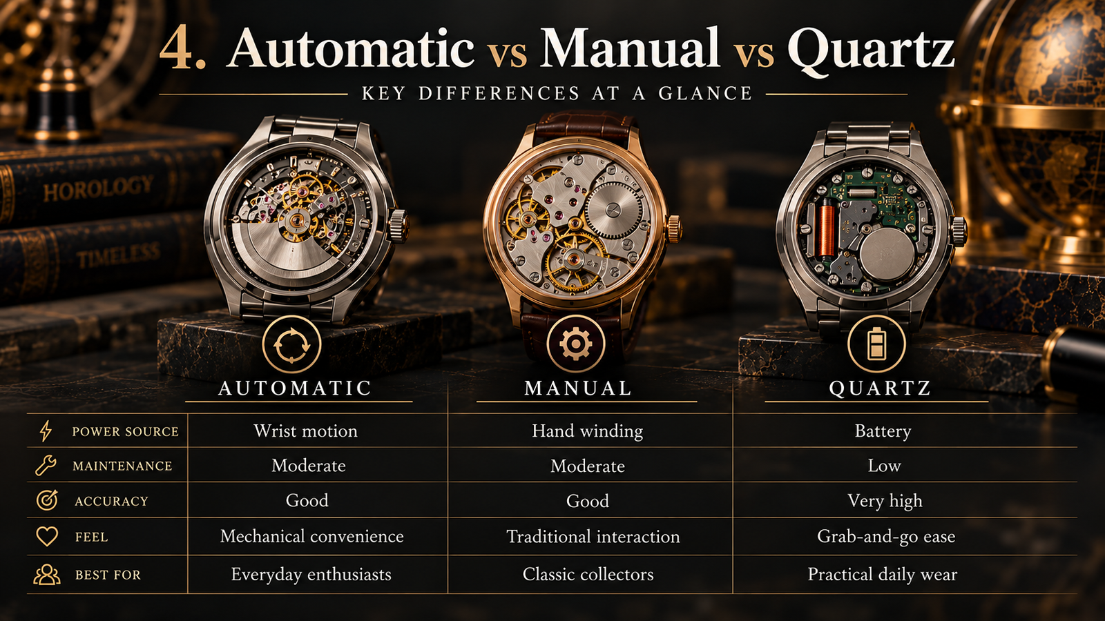 Luxury watch movement guide automatic vs manual vs quartz comparison