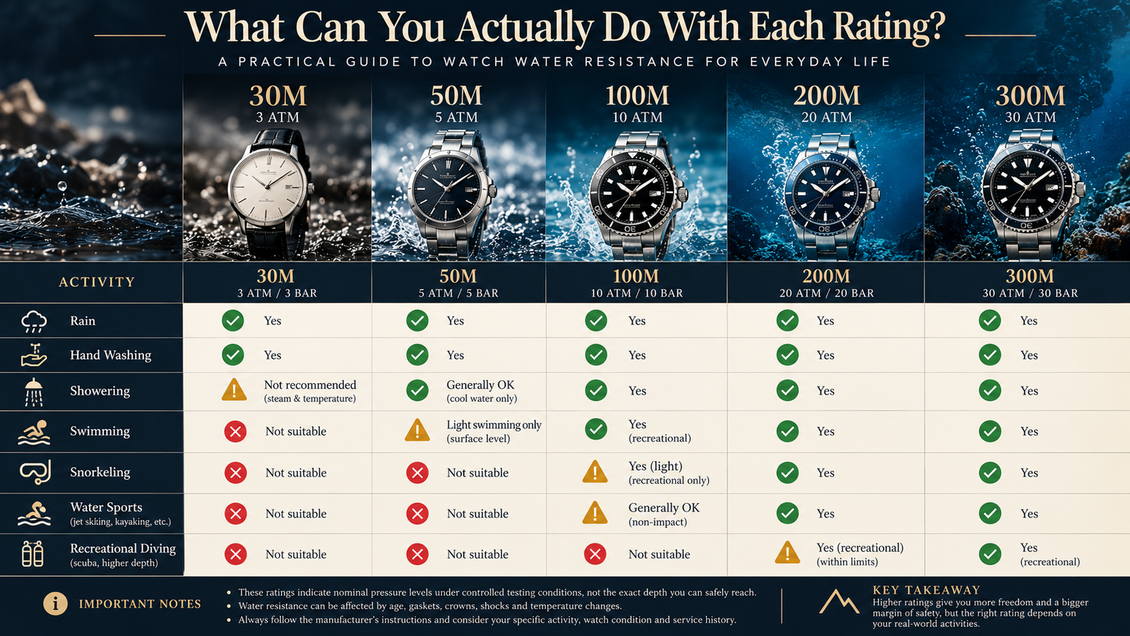 Watch water resistance infographic comparing rain swimming snorkeling water sports and diving