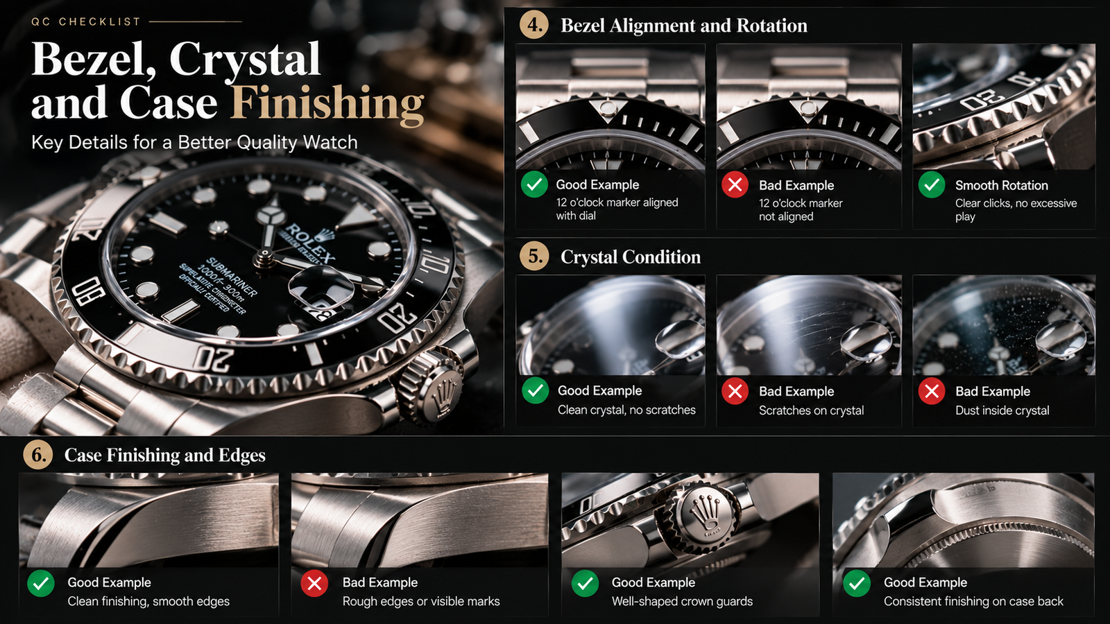 Luxury watch QC checklist for bezel crystal and case finishing inspection