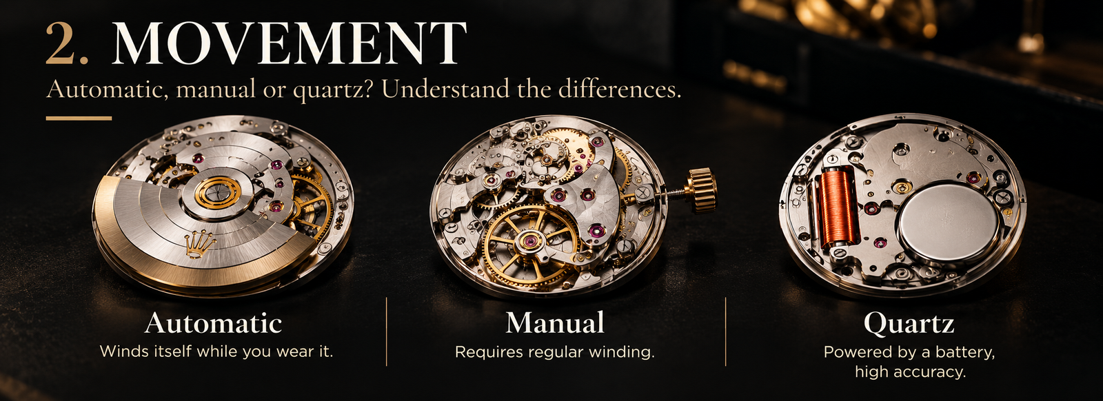 Luxury watch automatic manual and quartz movement comparison