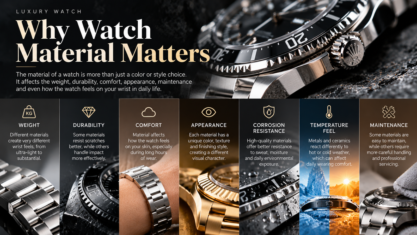 Watch weight scratch resistance corrosion skin comfort finish temperature and aging infographic
