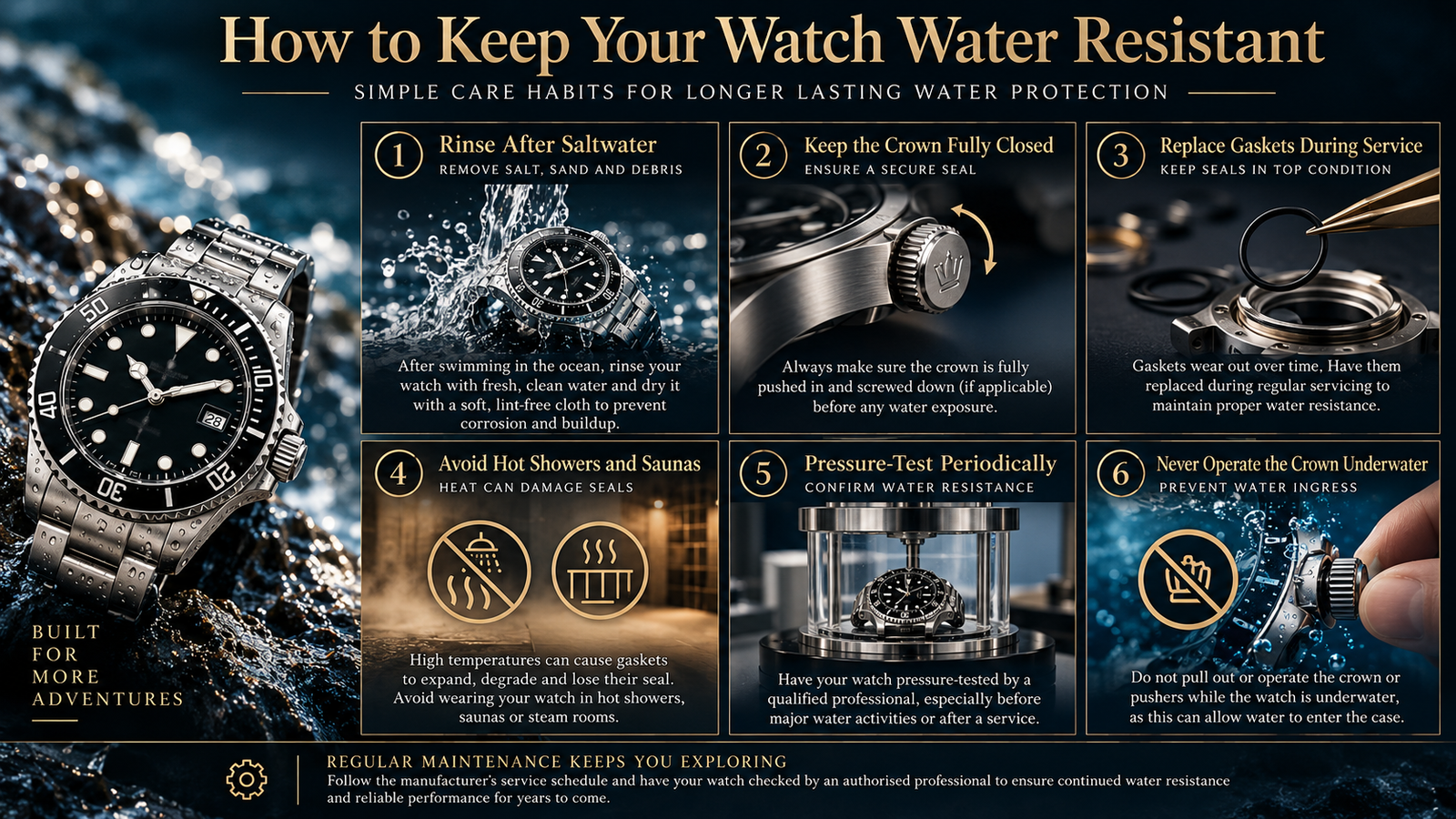 Illustrated guide to maintaining watch water resistance with crown care gasket replacement and pressure testing
