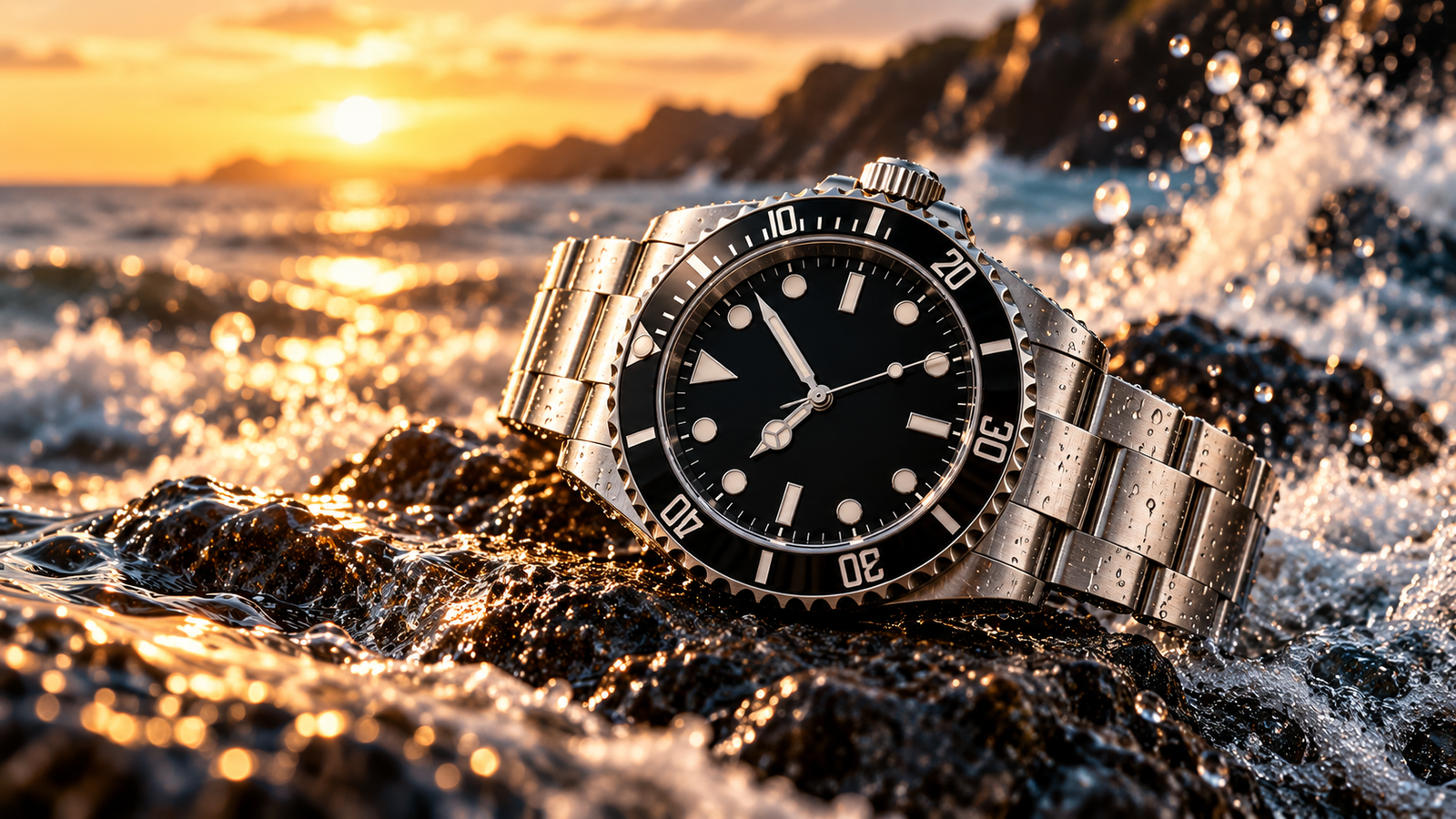 Luxury watch water resistance guide hero image featuring a stainless steel diving watch by the ocean