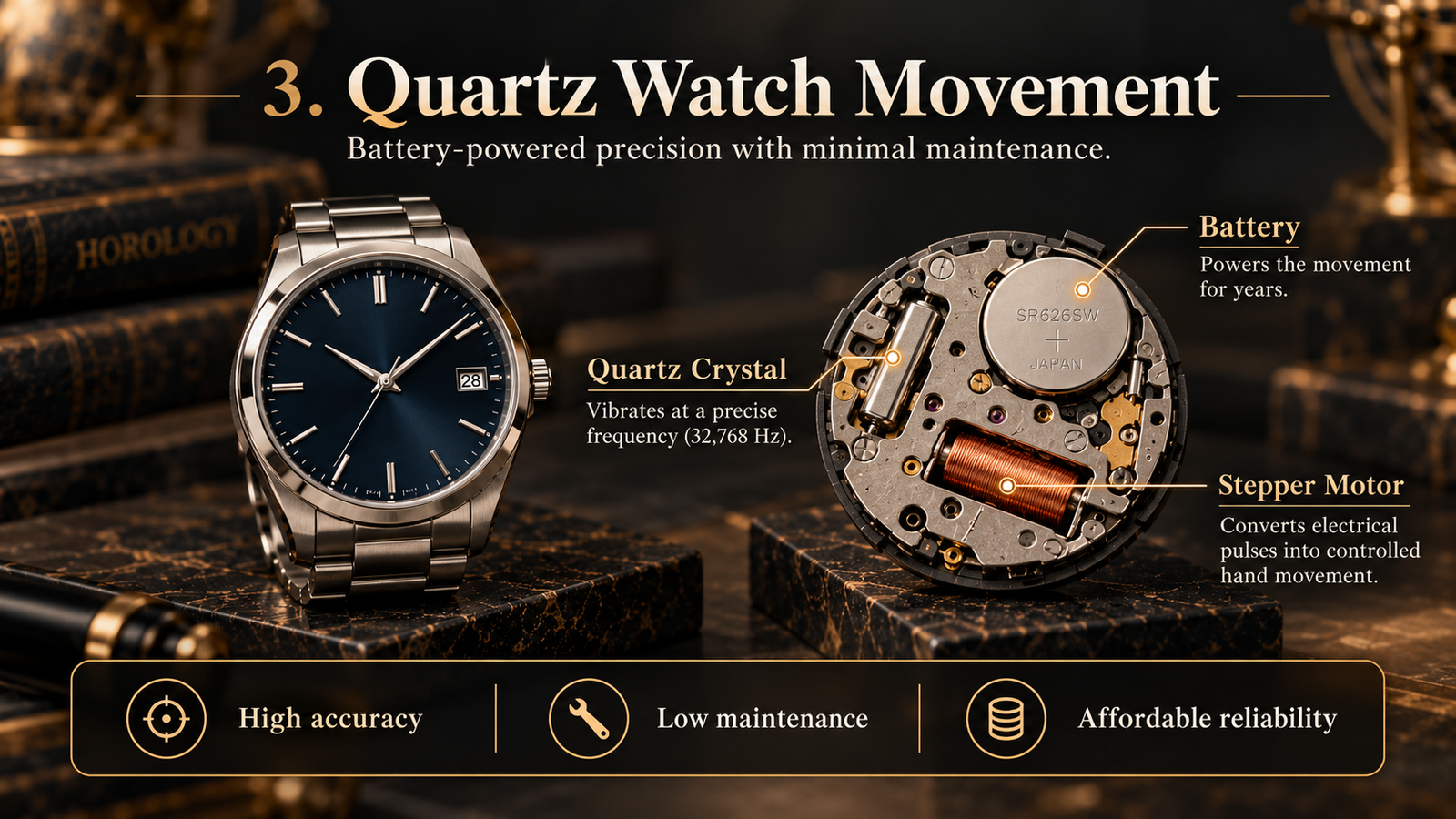 Quartz watch movement battery quartz crystal and stepper motor