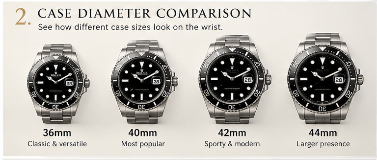 Luxury watch case diameter comparison 36mm 40mm 42mm and 44mm