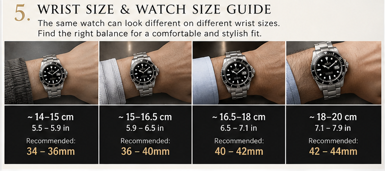 Luxury watch size guide comparing watch sizes on different wrist sizes