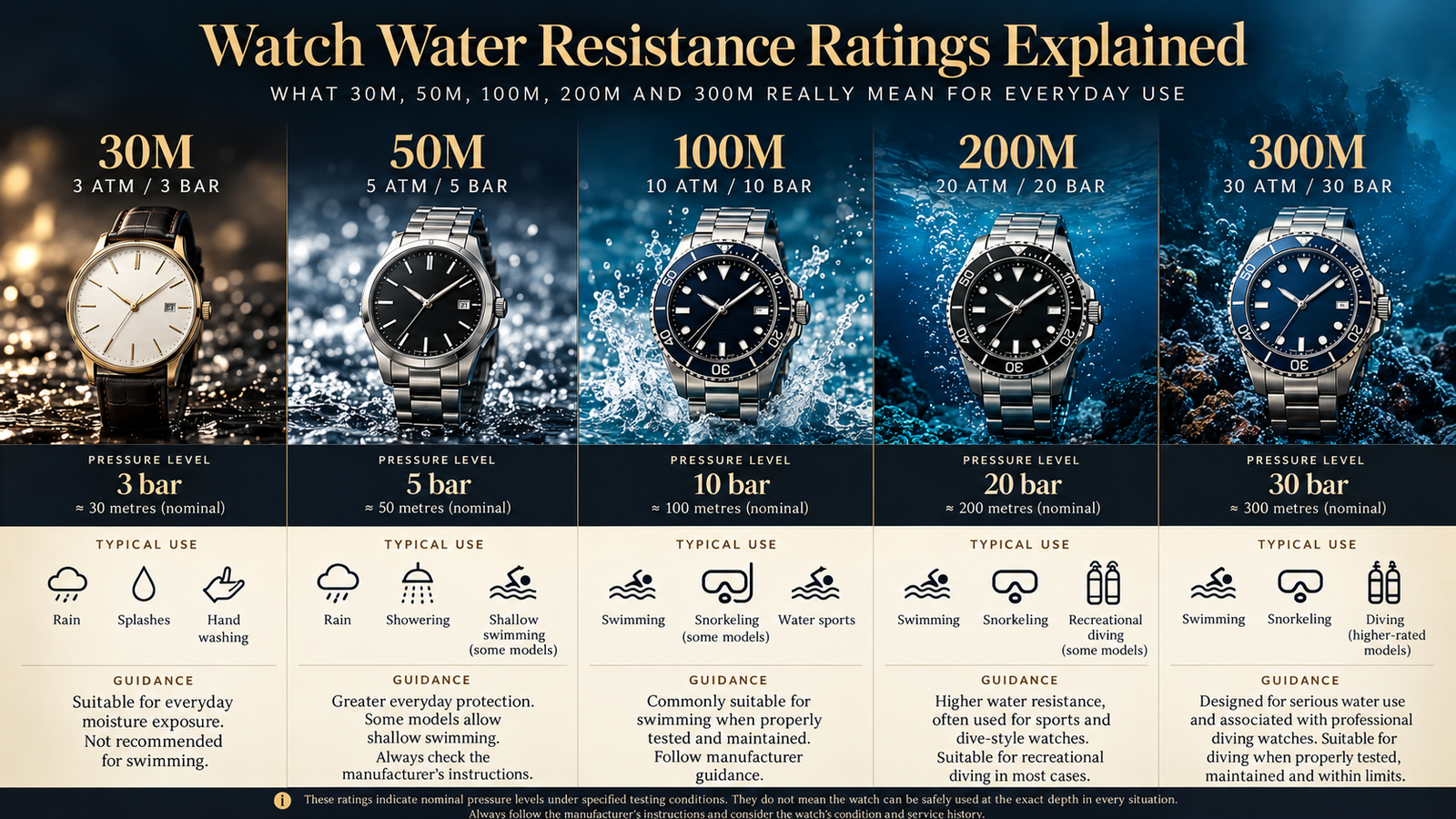 Comparison of 30M 50M 100M 200M and 300M water resistance ratings for luxury watches