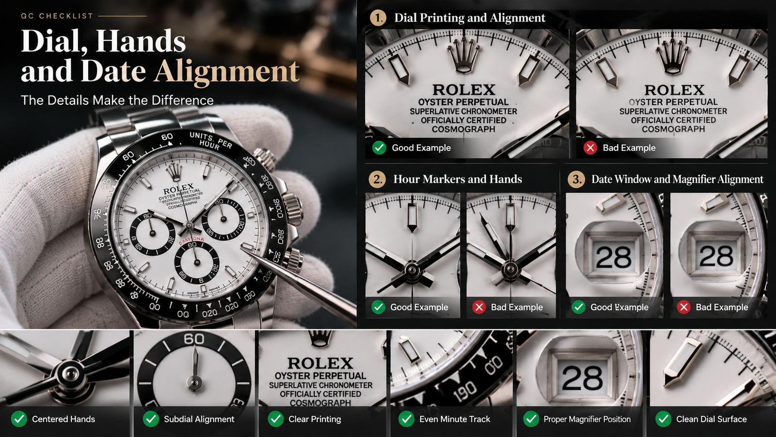 Luxury watch QC inspection of dial hands hour markers and date alignment