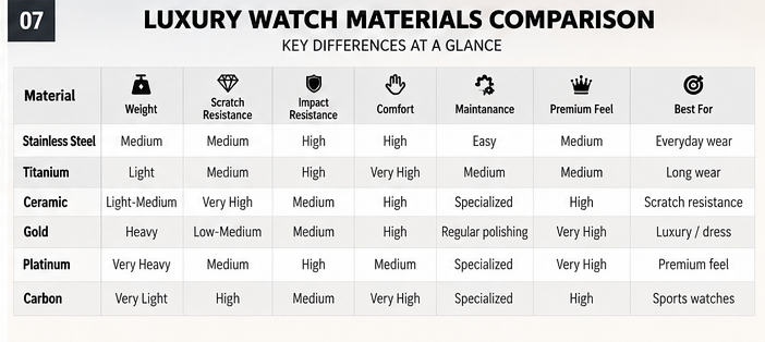 Luxury watch materials weight scratch resistance impact comfort maintenance comparison chart