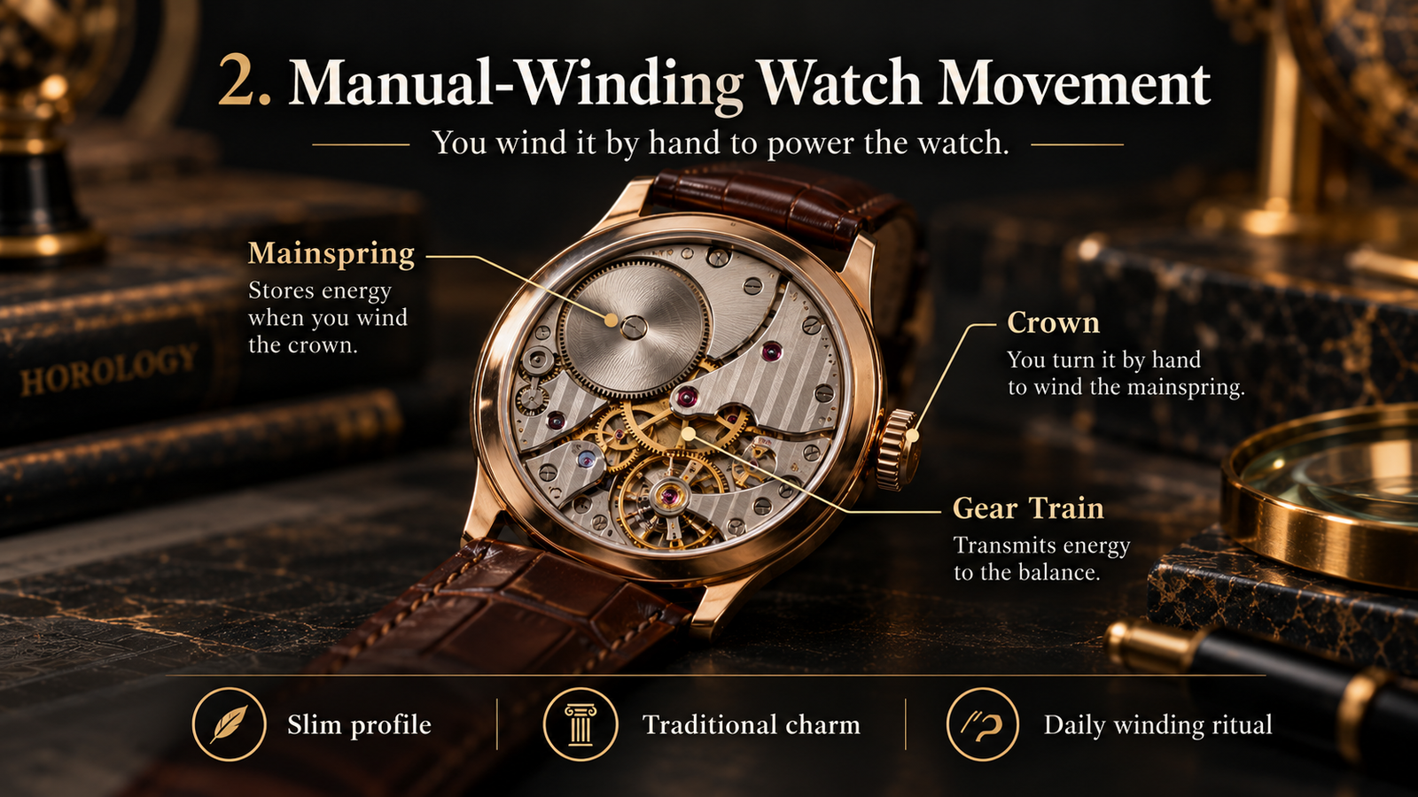 Manual winding luxury watch movement mainspring crown and gear train