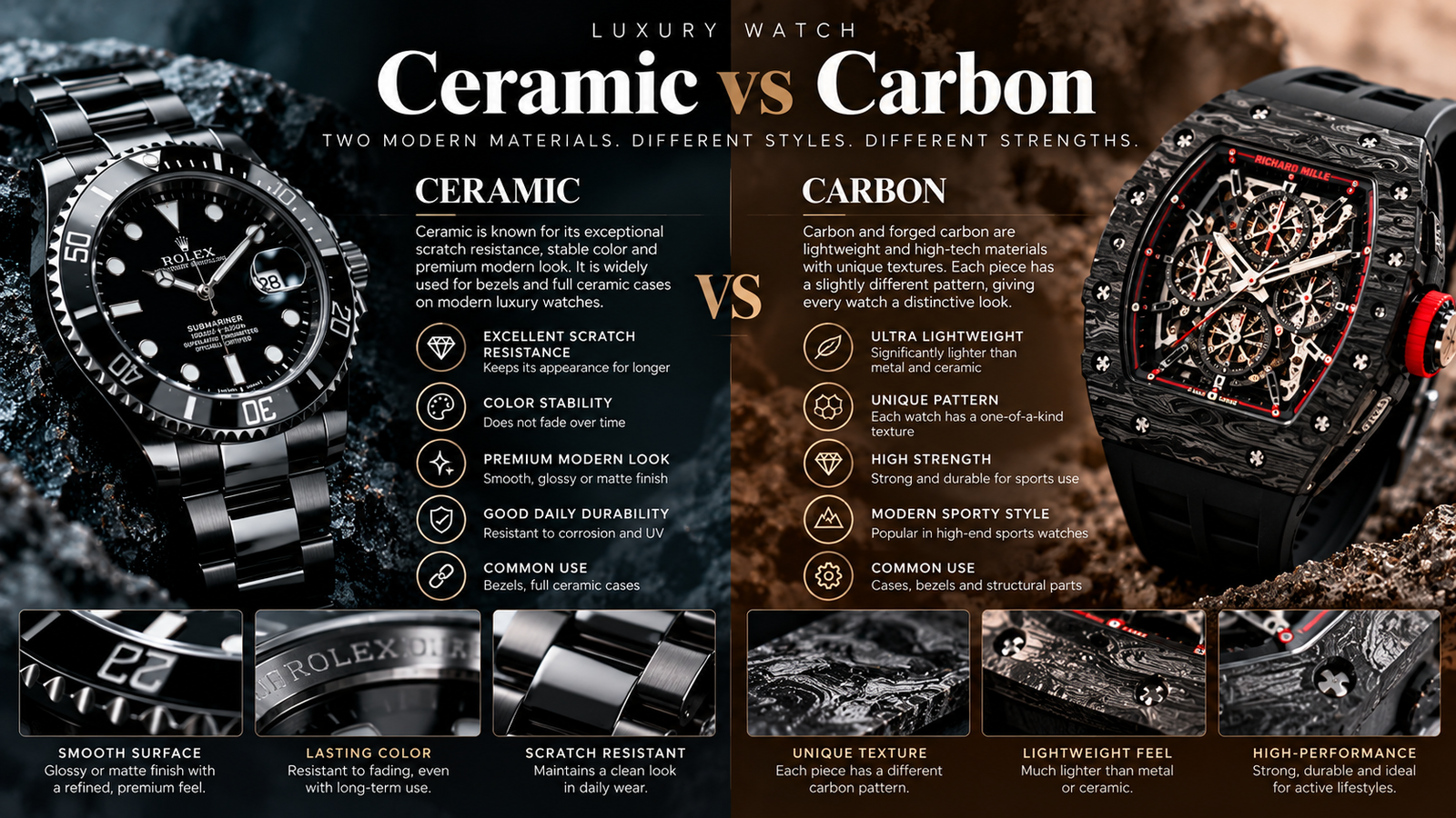 Ceramic vs forged carbon watch infographic showing smooth and patterned finishes