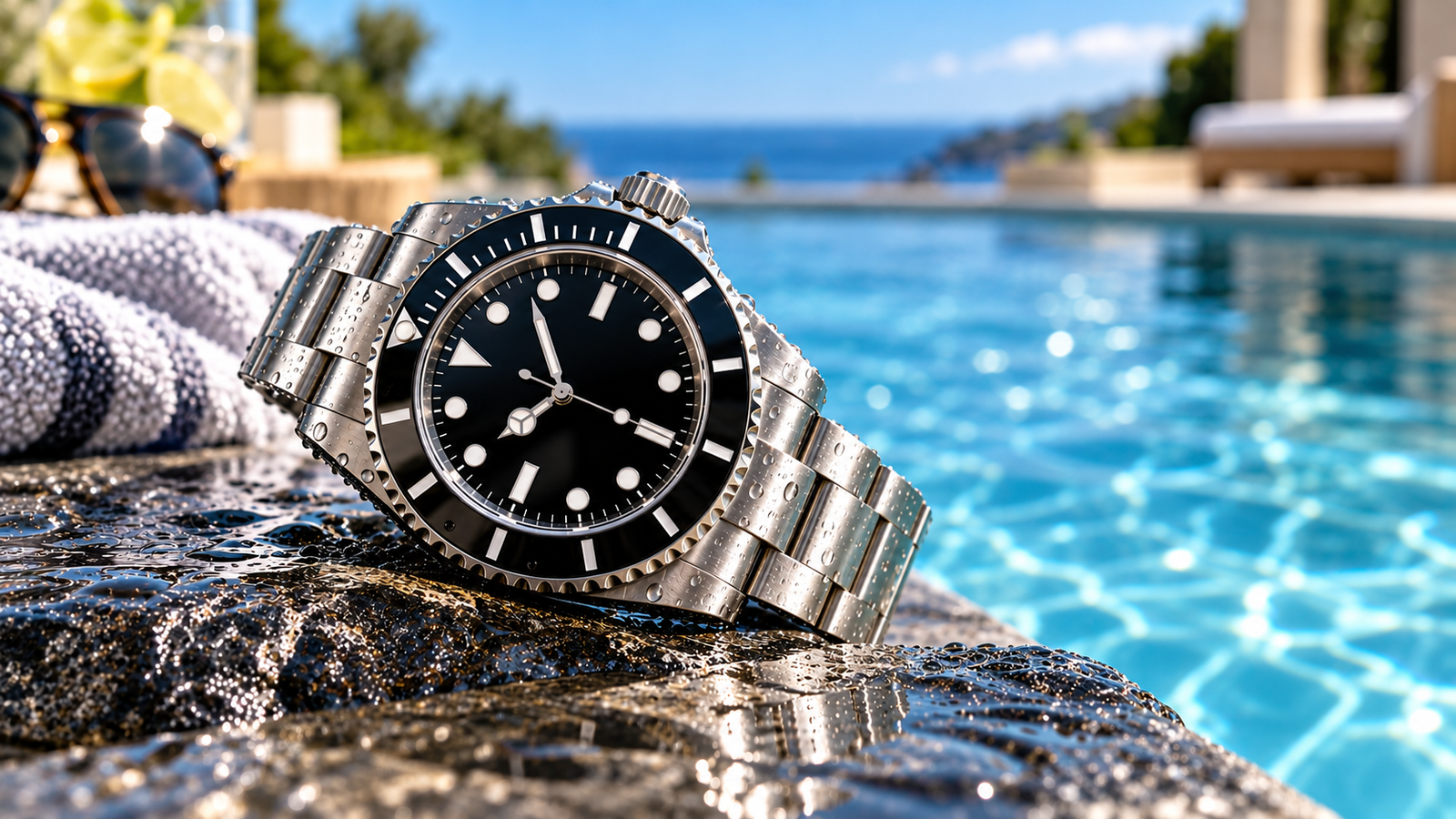 Stainless steel dive style wristwatch by a swimming pool