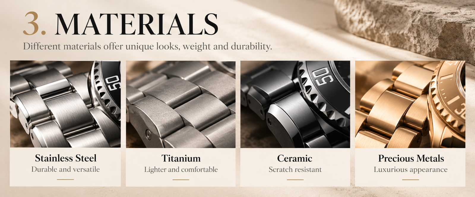 Luxury watch stainless steel titanium ceramic and precious metal materials