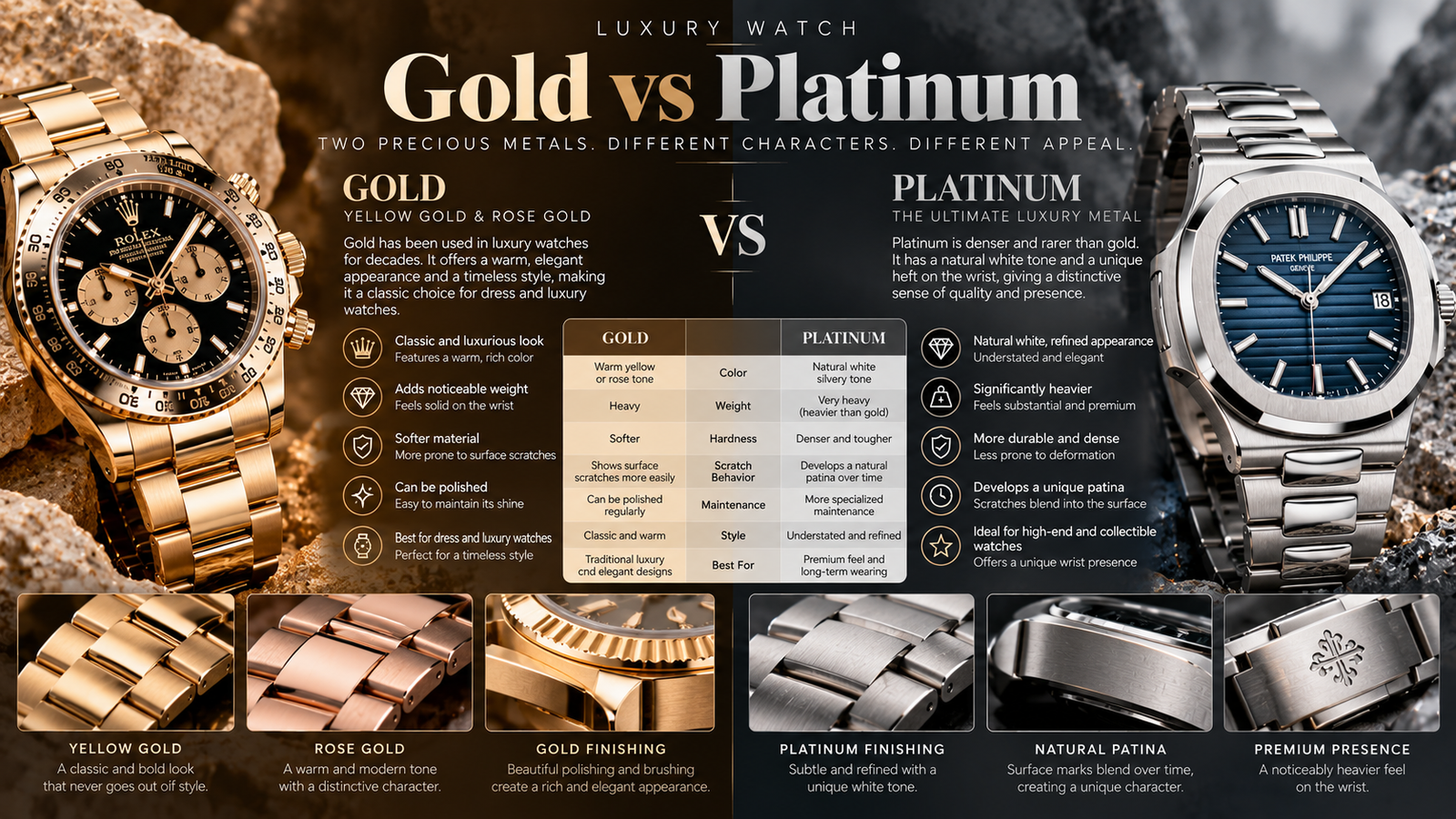 Yellow gold rose gold and platinum watch appearance and weight comparison