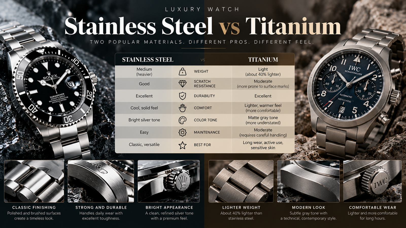 Side-by-side stainless steel and titanium watch comparison