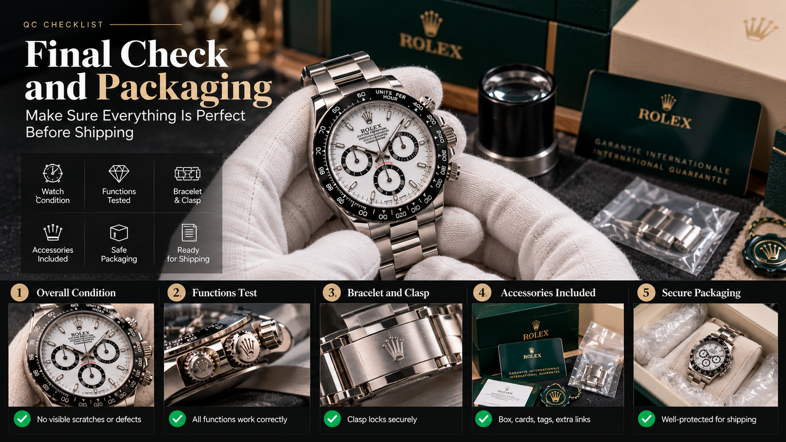 Final luxury watch QC checklist showing ten watch quality control checks