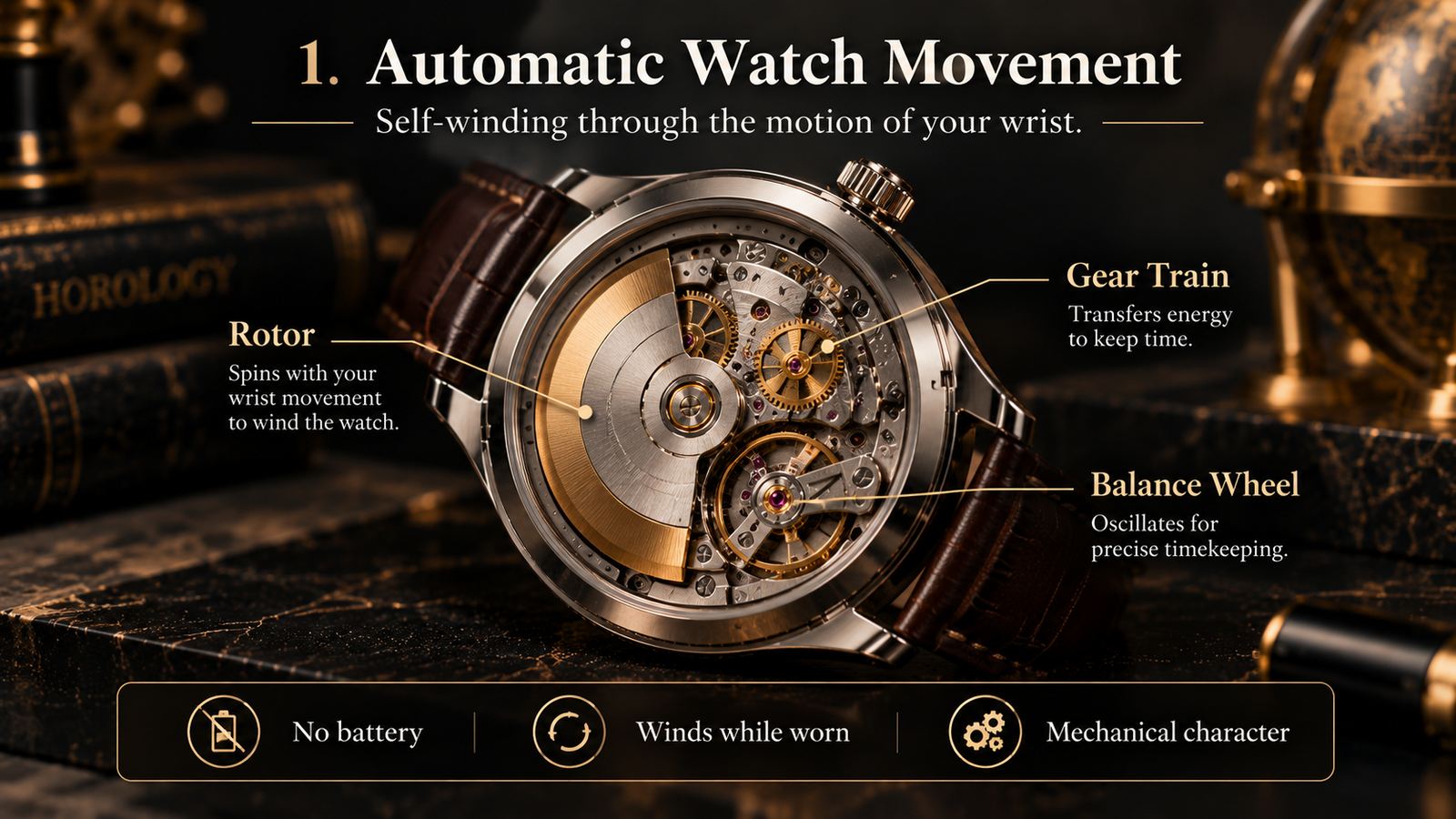 Automatic watch movement rotor gear train and balance wheel