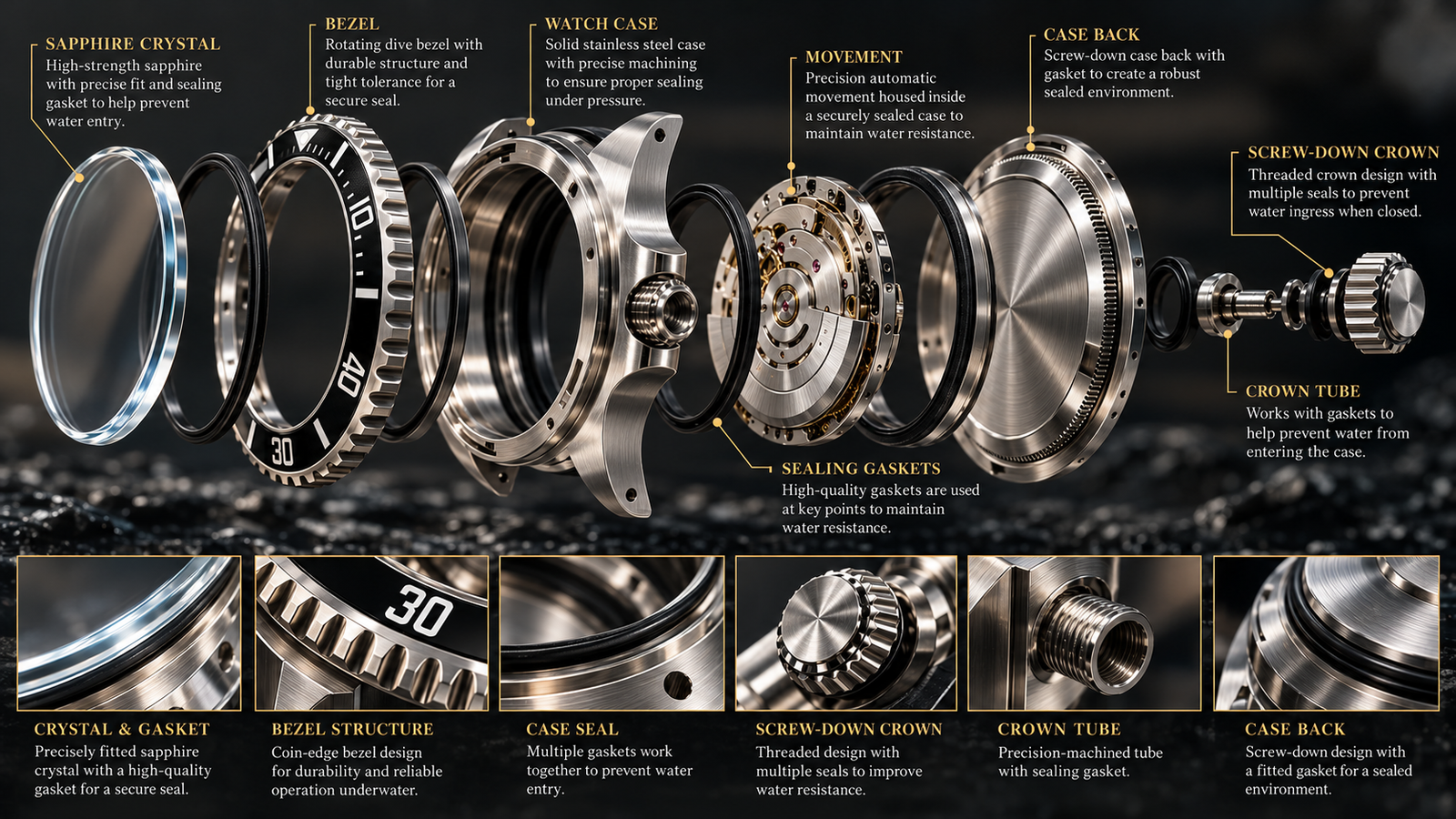 Exploded educational illustration of watch case crown crystal case back and sealing gaskets